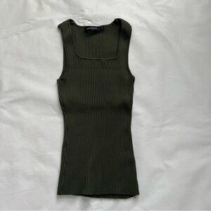 Merokeety Ribbed Olive Green Square Neck Tank Top Size M